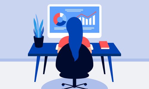 Data analysis design concept. Analyst working. Woman, laptop screen with data analysis graphs ansd charts. Trendy flat style. Vector illustration.